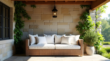 Rustic patio with wicker sofa stone wall and warm lantern glow in symmetrical layout