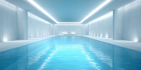 Modern, minimalist indoor pool with light blue water and white walls