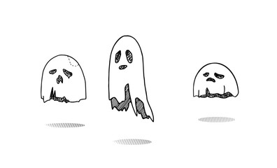 Three cute ghosts, hand drawn illustration