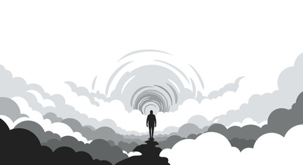 Silhouette of a man standing on a small rock, looking towards a stylized sunrise above a sea of clouds, conveying a sense of peace and contemplation. 