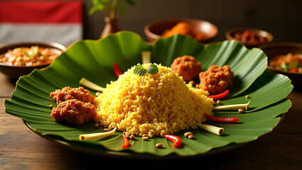Festive nasi kuning arranged on banana leaves, embodying Indian's culinary celebration of Independence Day.