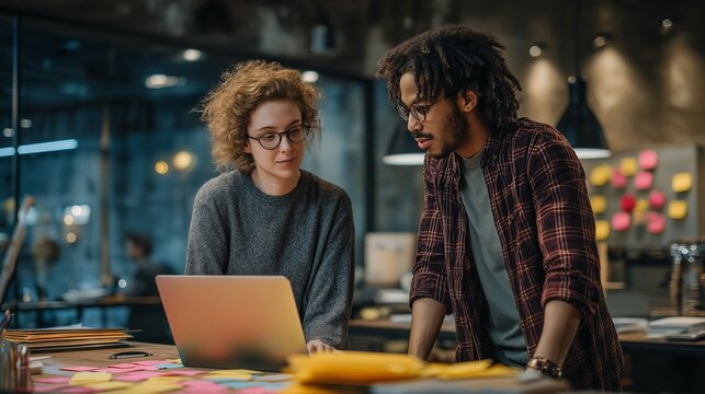 Two diverse coworkers collaborate using laptop in modern office. Brainstorming, design, teamwork concepts. Use for marketing, web.