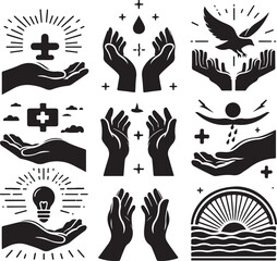 Fototapeta premium Raised Hands people silhouette Vector. Vector set of hands flat icons. Contains icons applause, handshake, high five, helping hand vector silhouette illustration 