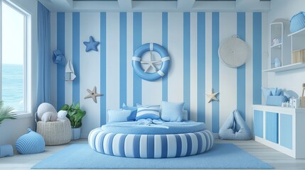 Serene coastal-themed bedroom with a circular bed, nautical decor, and ocean view.