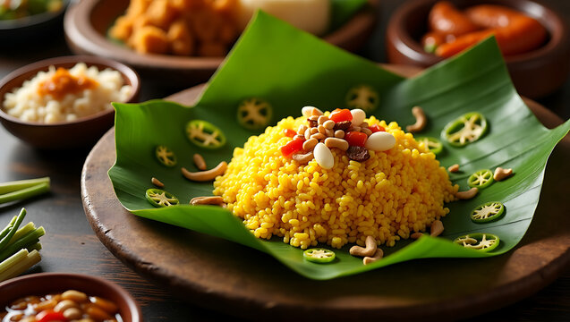 Festive nasi kuning arranged on banana leaves, embodying Indian's culinary celebration of Independence Day.
