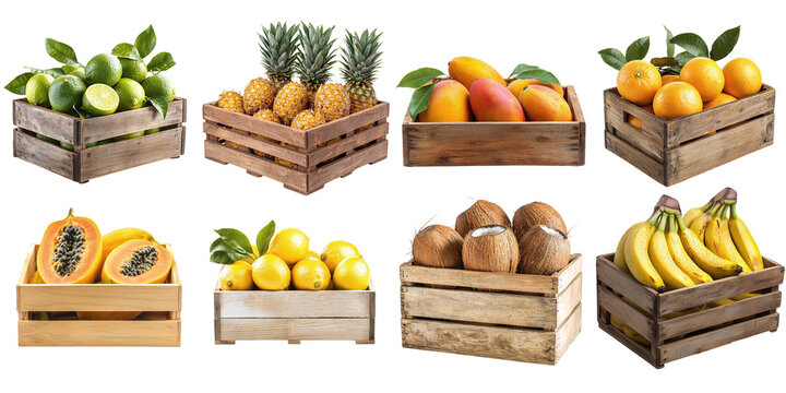 Set of boxes with various tropical fruits isolated on transparent background PNG. Mango, lemon, papaya, orange, coconut, pineapple, banana, lime