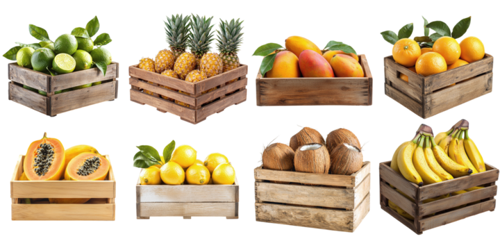 Set of boxes with various tropical fruits isolated on transparent background PNG. Mango, lemon, papaya, orange, coconut, pineapple, banana, lime