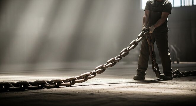 Determined man pulling heavy industrial chain across dusty floor, symbolizing strength, effort, and demanding labor.