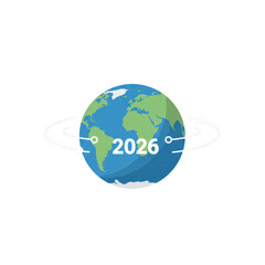 Illustration of Earth with the year 2026 and orbiting lines, symbolizing global celebration, future, or New Year around the world.