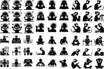 Online Class with Headphones Icon Silhouette Set Student Studying Online with Headphones Silhouette Vector