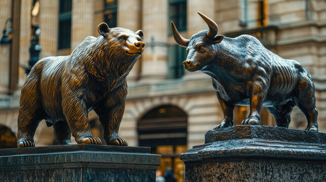 The famous bronze statues of a bull and a bear in front of the Stock Exchange building symbolize the opposing financial markets.