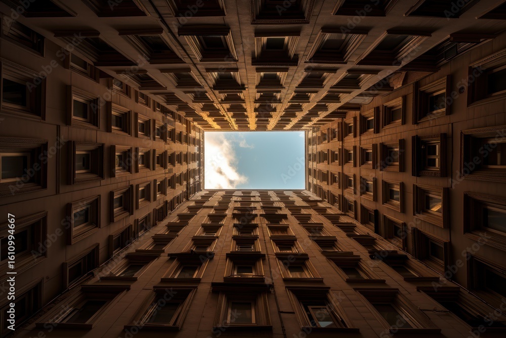 Poster low angle view of a residential building courtyard with many windows and a small patch of sky
