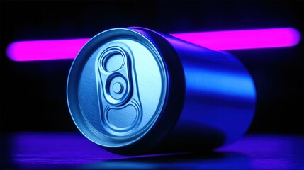 Aluminum soda can close up under a blue light with a pink neon light in the dark background