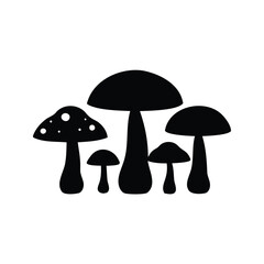 Black silhouette of various mushrooms on a white background composition