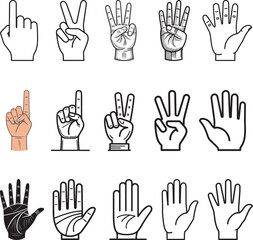 Hand Gesture Icon Set – 1 to 5 Fingers Raised – Minimal and Vintage Line Art Collection
