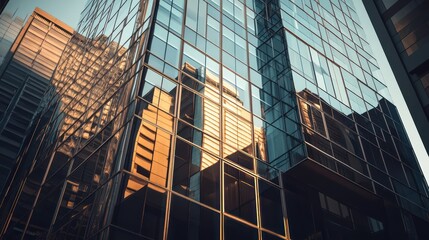 Ultra-modern business tower with a reflective glass facade intricate geometric architecture crisp city reflections