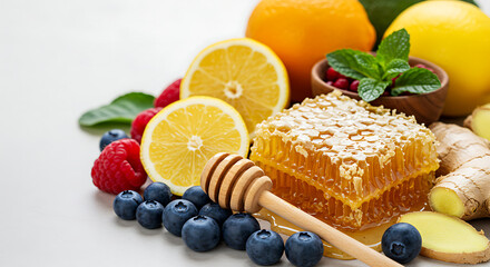 Fresh Honeycomb with Lemon, Berries, Ginger, and Mint on White Background