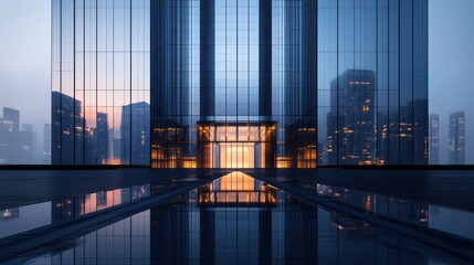 Ultra-modern business skyscraper with a reflective glass facade clean geometric aesthetics hyper-detailed reflections of a futuristic city high-quality