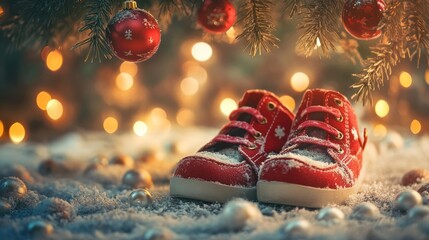 Tiny red baby shoes nestled under a Christmas tree, dusted with snow, surrounded by festive lights and ornaments.
