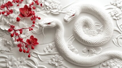 Two white snakes intertwined with red flowers in a decorative relief.