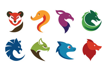 Vector art of collection of colorful animal head logos isolated on white background for branding