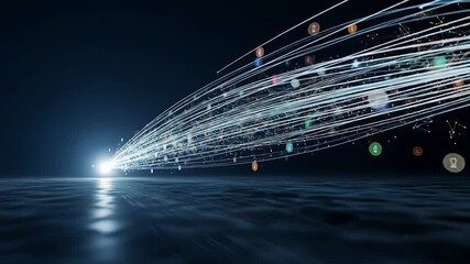 Data Stream Visualization: Lines of Light Connecting People Icons on Reflective Surface - Powered by Adobe