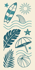 Minimilist illustration of a surfboard, sun, shark fin, palm leaves, starfish, beach umbrella, and beach ball design vector