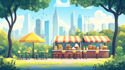 Cartoon image of a park scene with food stalls, tables, chairs, and a cityscape backdrop under a bright blue sky.