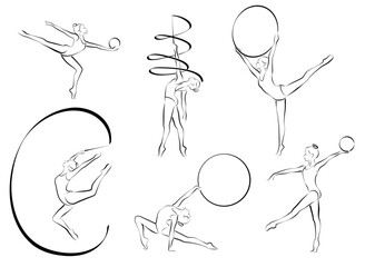 1566_Female rhythmic gymnast players with ribbon, ball and hoop