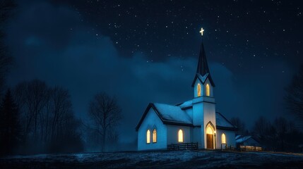 A snow-covered church glows softly under a starlit night sky.