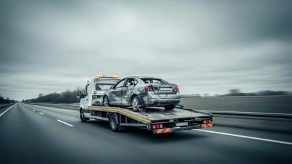 Tow truck transporting damaged car on highway. Vehicle breakdown and emergency roadside assistance footage.