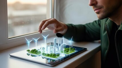 Man designs sustainable city model using augmented reality on tablet. - Powered by Adobe