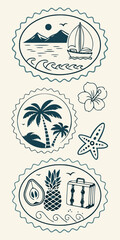 Minimilist collection of travel themed icons including sailboat mountains palm trees pineapple and suitcase design image vector