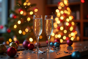 Champagne glasses toasting with sparkling decorations for Christmas