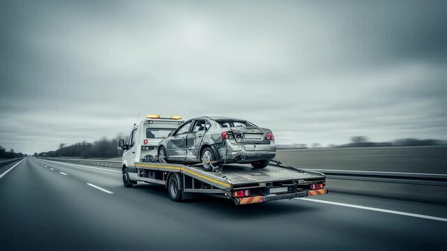 Tow truck transporting damaged car on highway. Vehicle breakdown and emergency roadside assistance footage.