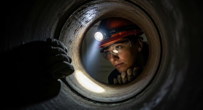 Diligent female engineer worker inspecting a dark industrial pipe or tunnel with headlamp in a confined space.