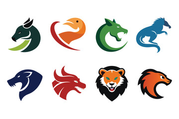 Vector art of collection of animal head logos in various colors isolated on white background