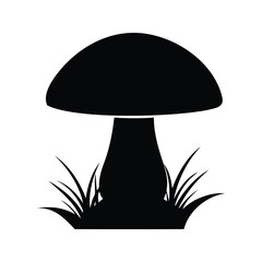 Monochrome illustration of a mushroom surrounded by grass on a white background