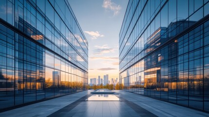 Ultra-modern office complex with a reflective glass facade smooth geometric architecture reflections of a futuristic skyline