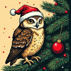 Merry Christmas and Happy New Year greeting postcard with owl in santa hat. Owl on the Christmas tree. Retro Xmas greeting card poster cover print. Perfect winter holiday art background. 