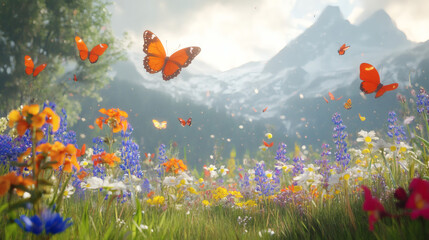 Colorful meadow with butterflies and mountains.