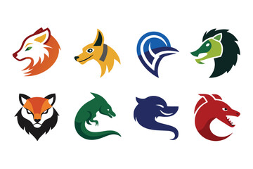 Vector art of a collection of animal head logo designs featuring foxes and dragons isolated on white background