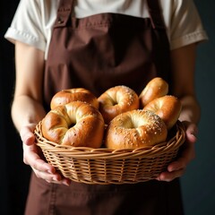 Bakery holds basket of fresh Bread. Freshly baked buns and pretzels for breakfast in the wooden rustic basket. Bakery in brown apron holding in hands basket with Bread. Perfect poster for Bakery shop.