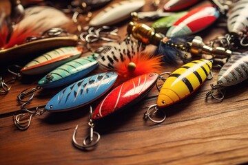 Variety of colorful fishing lures and hooks displayed on a rustic wooden surface, ready for the next fishing adventure