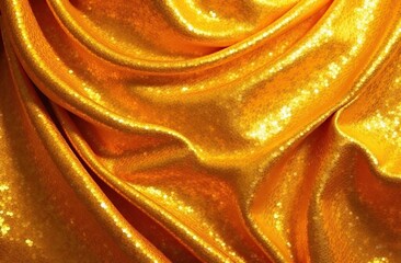 Wavy drapery Fabric background with gold Sequins. Luxury textile background with beautiful drapes and soft light. Wavy texture material surface with golden Sequins