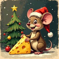 Merry Christmas poster with cute mouse in santa hat. Happy New Year and Christmas greeting card with happy animal and Christmas tree. Perfect holiday art brochure postcard cover print. Xmas backgorund