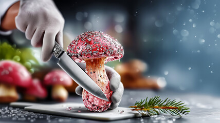 Transparent crystal mushroom made of crystal material in water droplets cut chef for cooking dish and side dish, copy space poster for advertising high-tech cuisine restaurants