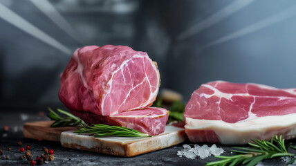 Fresh meat on a cutting table, pepper, rosemary and spices nearby, concept for advertising fresh meat from an organic farm and preparing steaks and restaurant menus