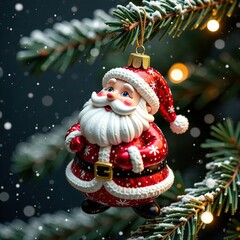 Merry Christmas  and Happy New Year greeting card. Glass Christmas ball in shape of santa claus on Xmas tree. Perfect holiday art for brochure poster cover print. Xmas square background. 