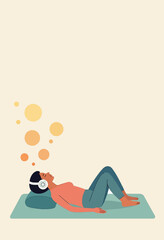 Vector illustration of a woman relaxing with music for mental wellness and mindfulness